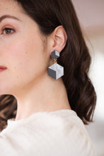 Load image into Gallery viewer, Aurora asymmetric hexagonal dangle earrings in grey marble
